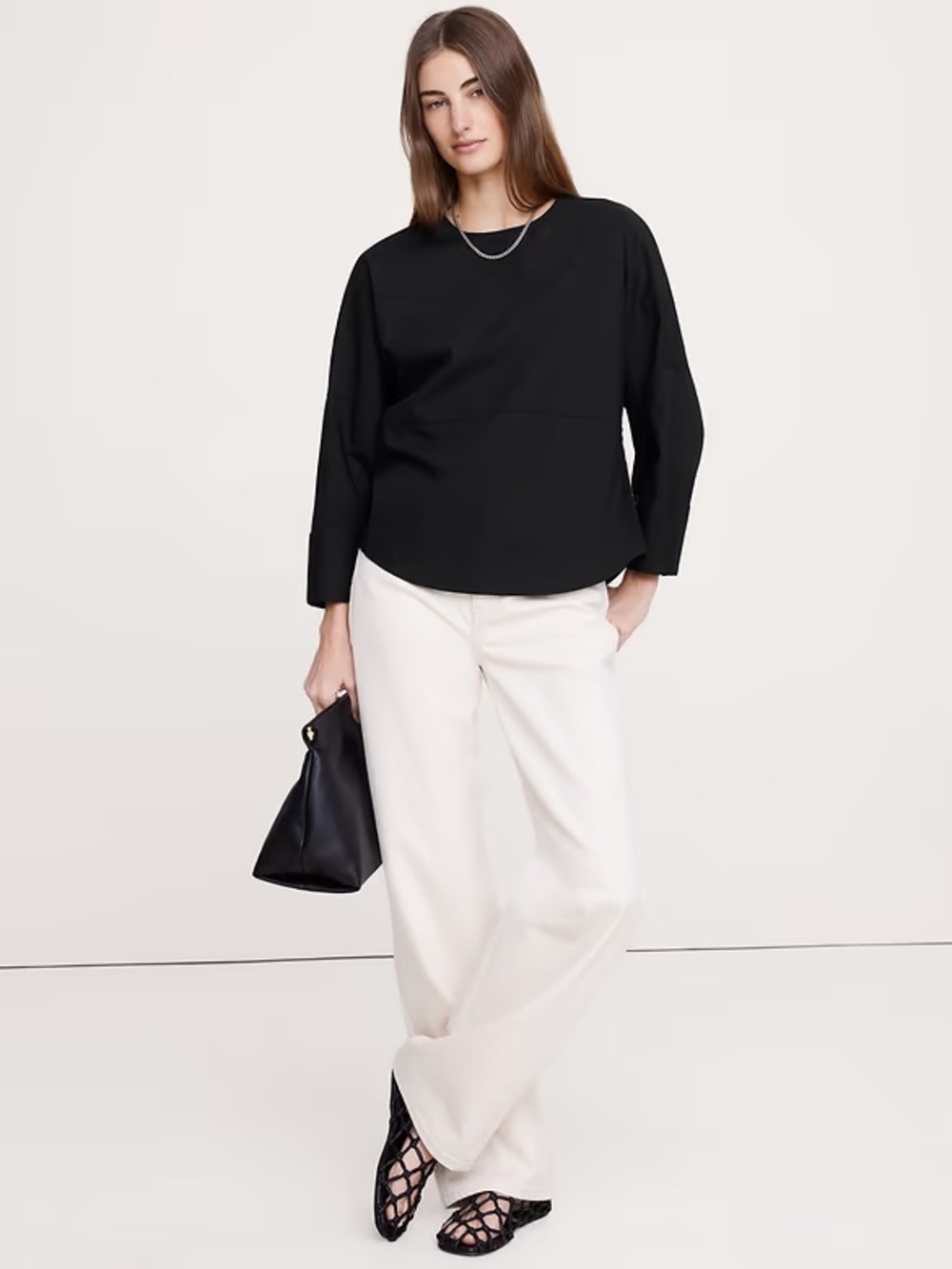 NWT Banana Republic Size L Cotton Poplin Panelled Dolman Top - Black